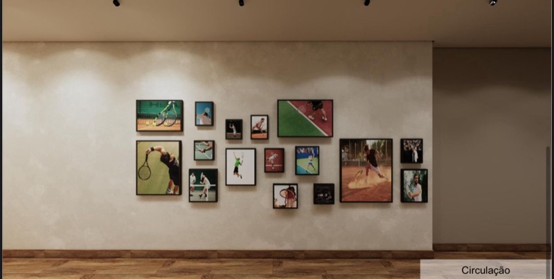 Corredor com galeria de quadros (projeto da unidade) · Feel King Jardins